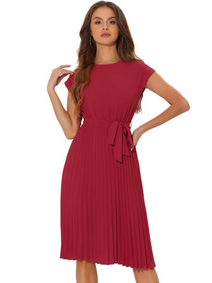 Allegra K- Pleated Crew Neck Tie Waist Dress