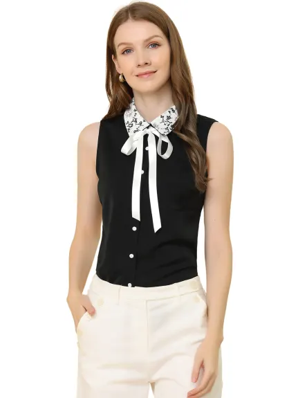 Allegra K- Bow Tie Turndown Collar Sleeveless Shirt