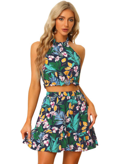 Allegra K- 2 Piece Print Halter Neck Crop Top with Short Skirt Set