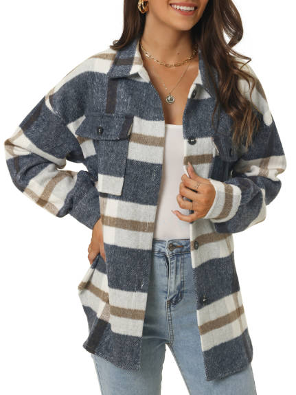 Allegra K - Flannel Plaid Shacket Button Down Jacket