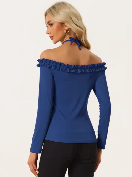 Allegra K- Tie Halter Off Shoulder Lettuce Trim Top