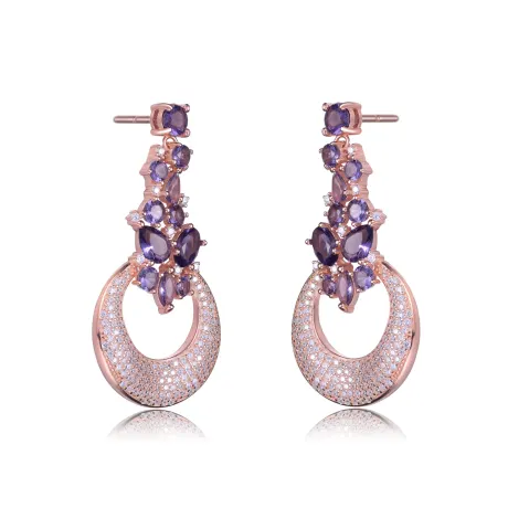 Genevive 18K Rose Gold Plated Clear and Purple Cubic Zirconia Dangle Earrings