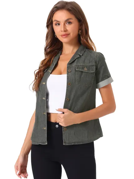 Allegra K- chemise en Jean col cranté boutonné