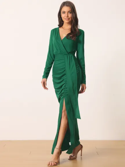 Allegra K- Maxi Bodycon V Neck Draped Front Ruched Cocktail Dress with Slit