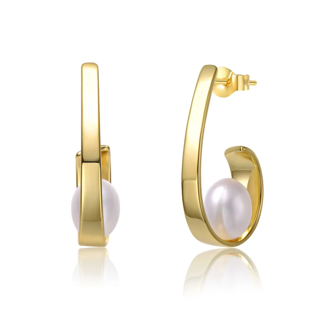 Genevive Sterling Silver 14k Yellow Gold Plated with White Pearl Ribbon Half-Hoop Drop Earrings