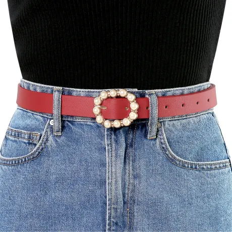 Allegra K- Pearl Waistband Skinny Leather Pin Buckle Belt