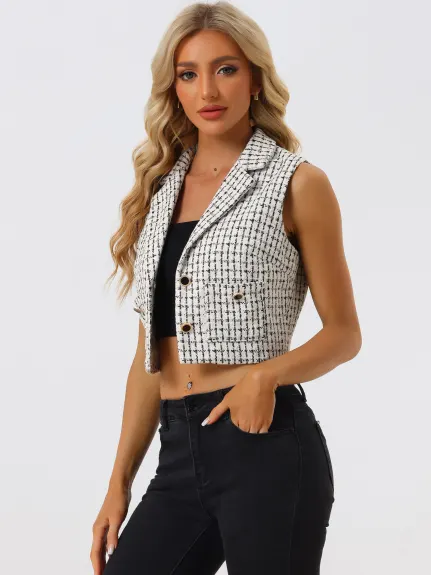 Allegra K- Plaid Notched Lapel Tweed Jacket