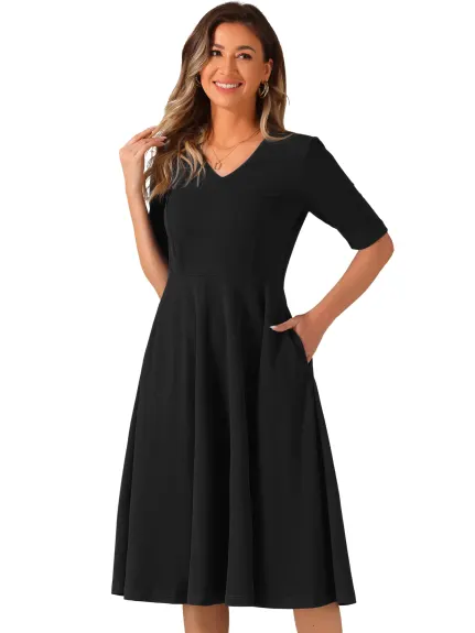 Allegra K - 1950s Vintage V-Neck Half Sleeve Swing Dress