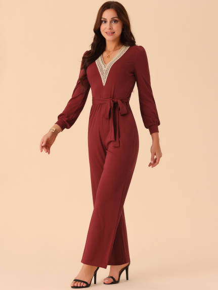 Allegra K - Long Sleeve V Neck Belted Jumpsuit