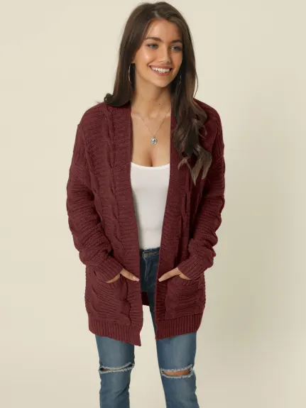 Seta T- Cable Knit Open Front Sweater Cardigan with Pockets