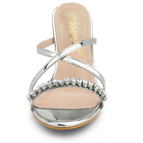 Allegra K - Cross Strap Rhinestone Block Heeled Slide Sandals