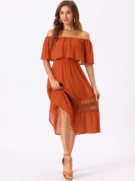 Allegra K- Off The Shoulder Ruffle Sleeve Lace Insert Beach Chiffon Midi Dress