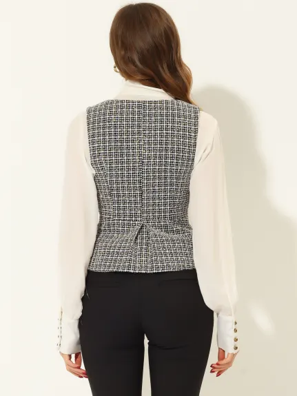 Allegra K- Gilet croisé en tweed à carreaux