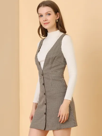 Allegra K- Overalls V-Neck Plaid Houndstooth Pinafore Dress