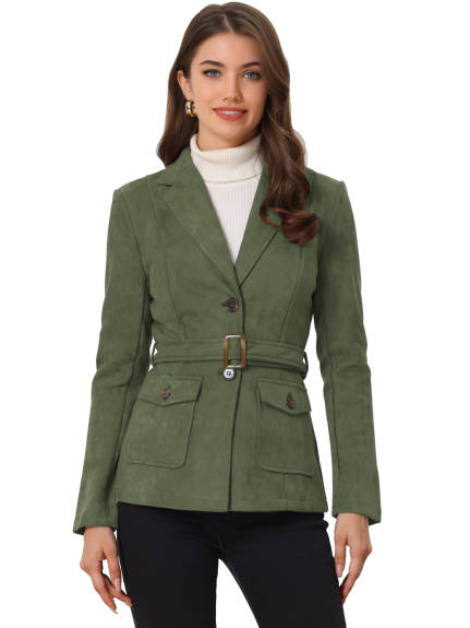 Allegra K- Faux Suede Belted Single Breasted Blazer Jacket Coat