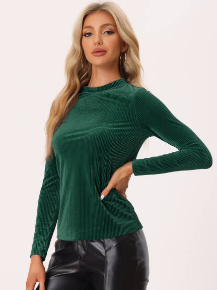 Allegra K- Mock Neck Long Sleeve Ribbed Knit Velvet Blouse