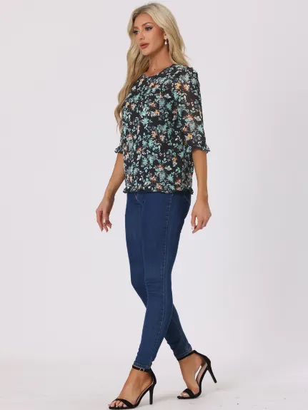 Allegra K- Blouse florale en mousseline à manches 3/4 et à volants