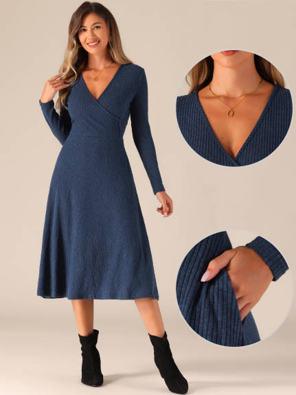 Allegra K- Ribbed Knit Long Sleeve A-Line Wrap Dress