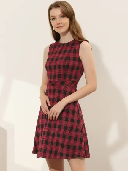 Allegra K- Sleeveless Plaid Houndstooth Flare Dress