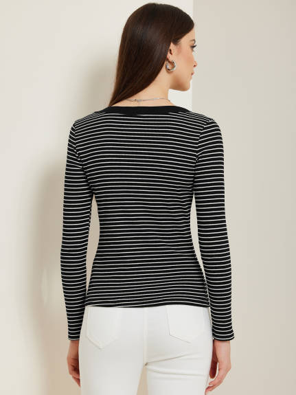 Allegra K - Stripe Scoop Neck Long Sleeve Casual Top