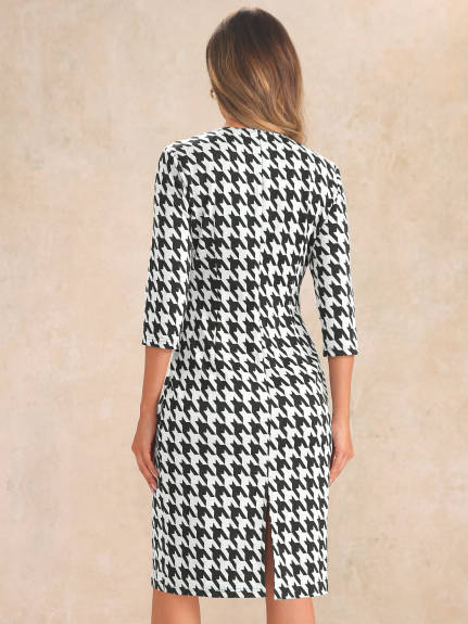 Allegra K - Houndstooth 3/4 Sleeve Bodycon Work Dress