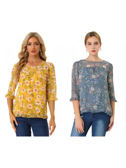 Allegra K- Blouse florale en mousseline à manches 3/4 et à volants