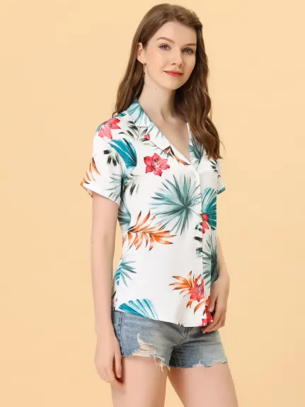 Allegra K- Beach Tropical Floral Leaves Button Down Shirt