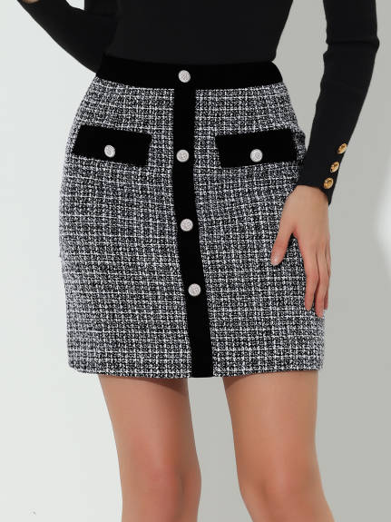 Allegra K- Plaid Tweed Button Decor Mini Skirt