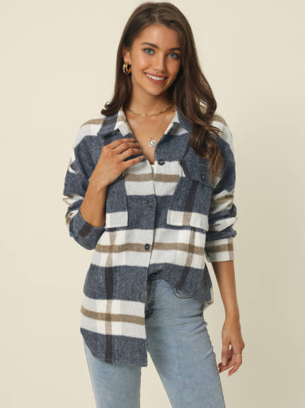 Allegra K - Flannel Plaid Shacket Button Down Jacket