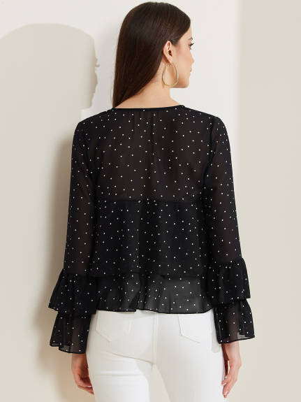 Allegra K - Blouse à manches longues à pois et à volants