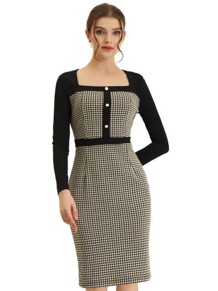 Allegra K- Bodycon Square Neck Contrast Color Plaid Houndstooth Dress