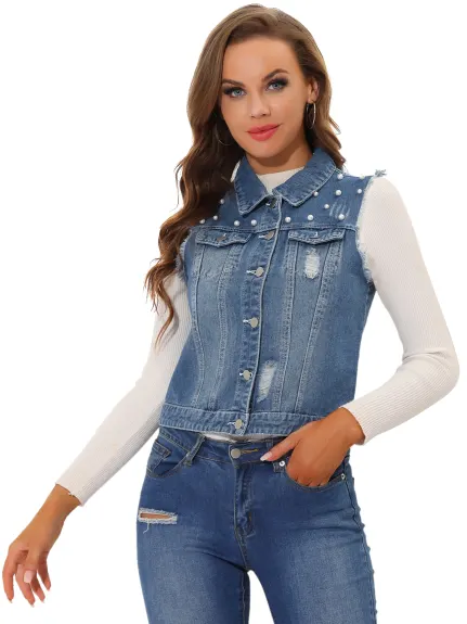 Allegra K- Denim Pearls Distressed Cropped Jacket