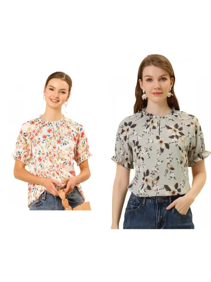 Allegra K- Blouse florale à manches courtes et col à volants