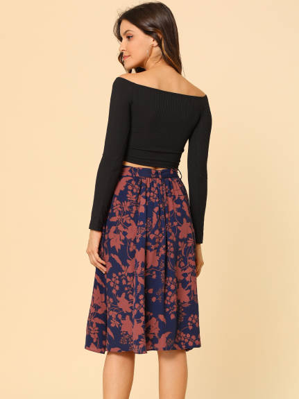 Allegra K- Slit Floral Belted A-Line Midi Skirt