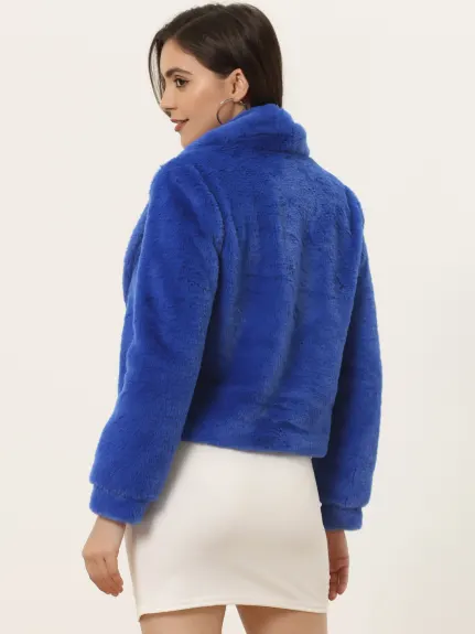 Allegra K- Cropped Jacket Lapel Long Sleeve Faux Fur Fluffy Coat