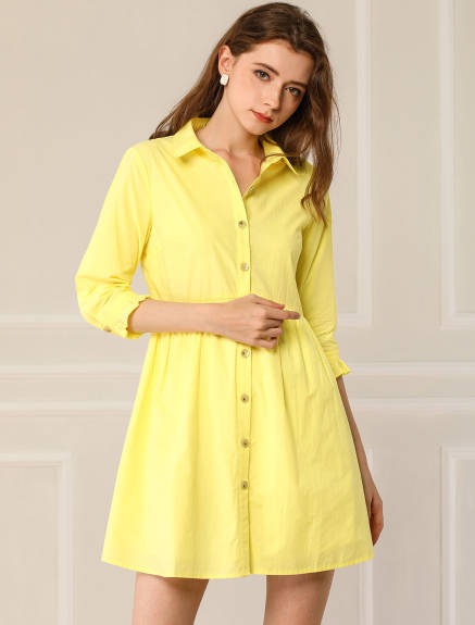 Allegra K- 3/4 Sleeve Button Up Flare Shirt Dress