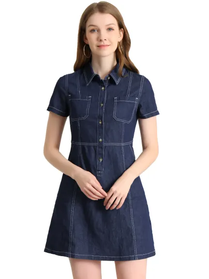 Allegra K- Denim Collared Short Sleeve Summer Dress