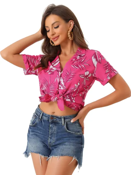 Allegra K- Beach Tropical Floral Leaves Button Down Shirt