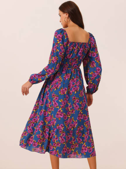 Allegra K - Long Sleeve Flowy Vacation Floral Dress