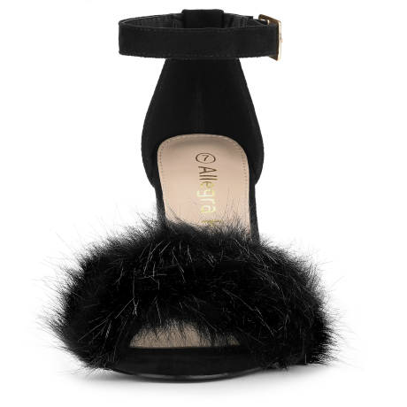 Allegra K- Faux Fur Strap Block Heels Sandals