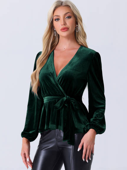 Allegra K - Velvet Wrap Tie Waist Peplum Blouse