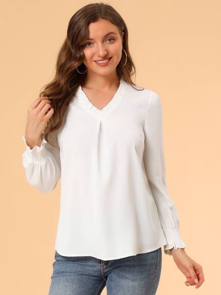 Allegra K- Ruffled V Neck Long Sleeve Blouse