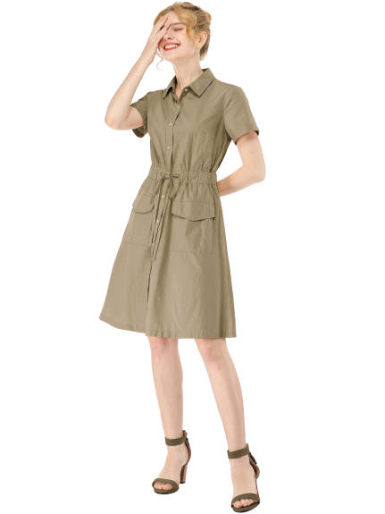 Allegra K- Button Down Cotton Flare Shirt Dress