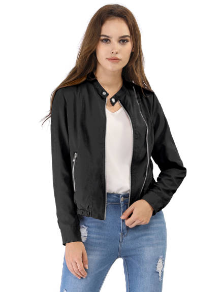 Allegra K- Lightweight Stand Collar Biker Moto Jacket