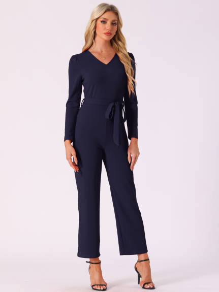 Allegra K - V Neck Long Sleeve Tie Waist Jumpsuit