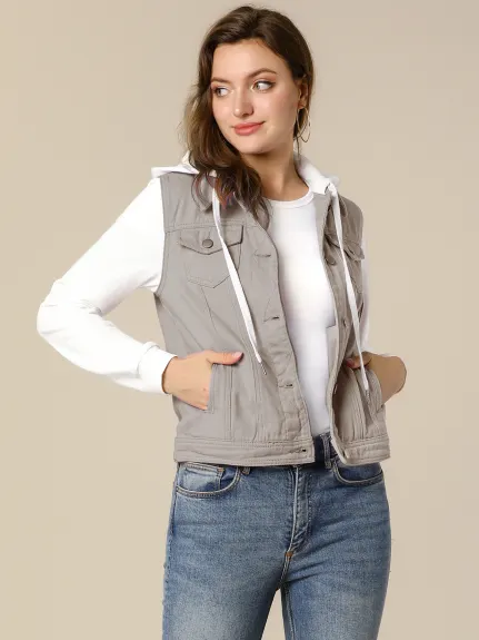 Allegra K- Veste en jean à capuche avec cordon de serrage