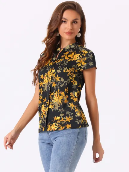 Allegra K- Satin Floral Cap Sleeve Blouse