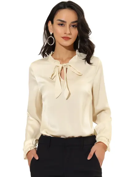 Allegra K- Satin Ruffle Tie Neck Long Sleeve Blouse