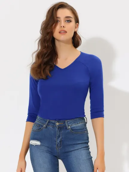 Allegra K- 3/4 Raglan Sleeve V Neck T-Shirt