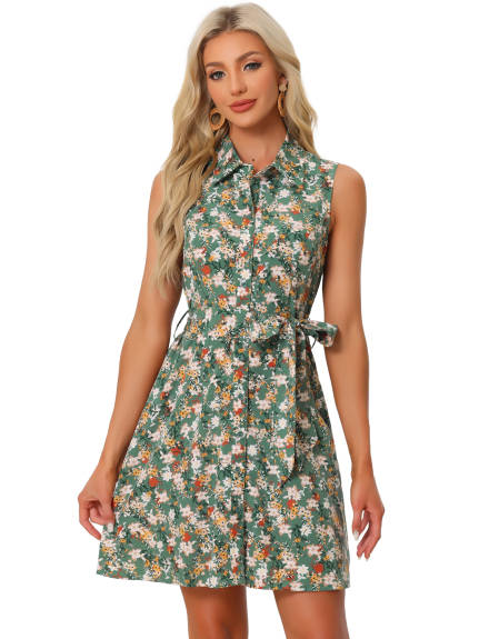 Allegra K - Sleeveless Turndown Collar Above Knee Button Down Floral Print Dress